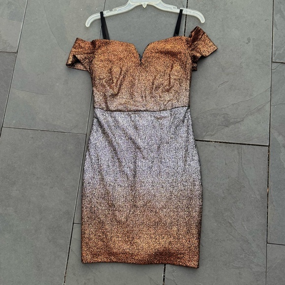 Guess mini dress off the shoulder bodycon ombré metallic bronze gold silver - Picture 3 of 5